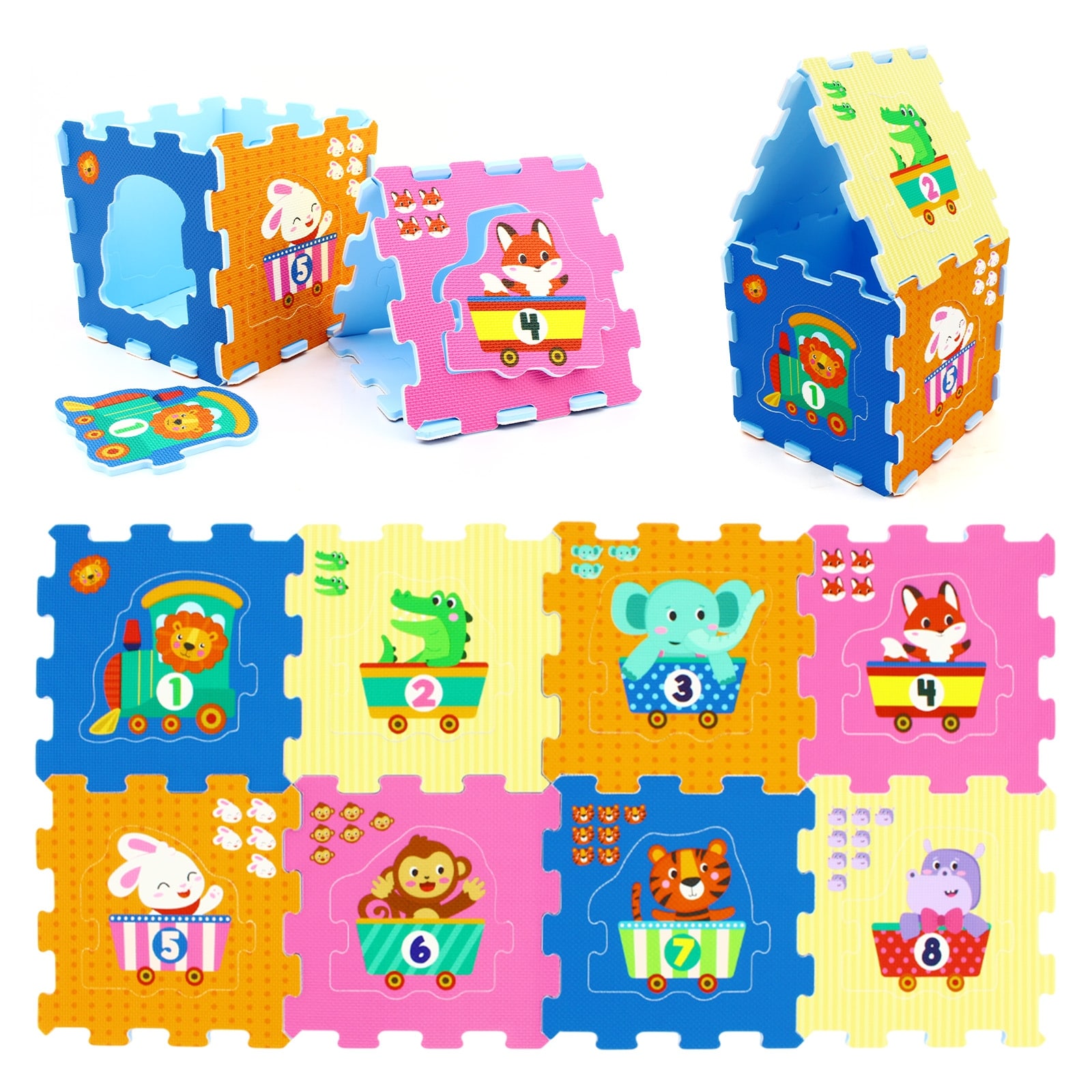 Gymax 8 PCS Kids Play Mat w/Detachable Animal Train Patterns for Aged - Multicolor