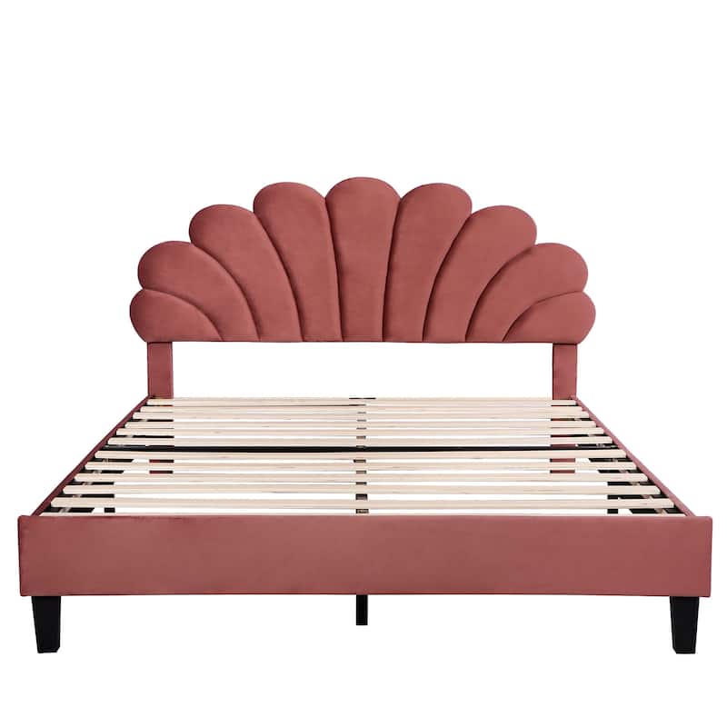 Upholstered Platform Bed, Velvet Fabric Bedframe with Flower Pattern Headboard & 12 Wood Slat Support, No Box Spring Needed