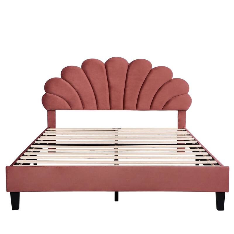 Upholstered Queen Size Platform Bed for Kids, Velvet Fabric Bedframe with Flower Pattern Velvet Headboard & 12 Wood Slat Support