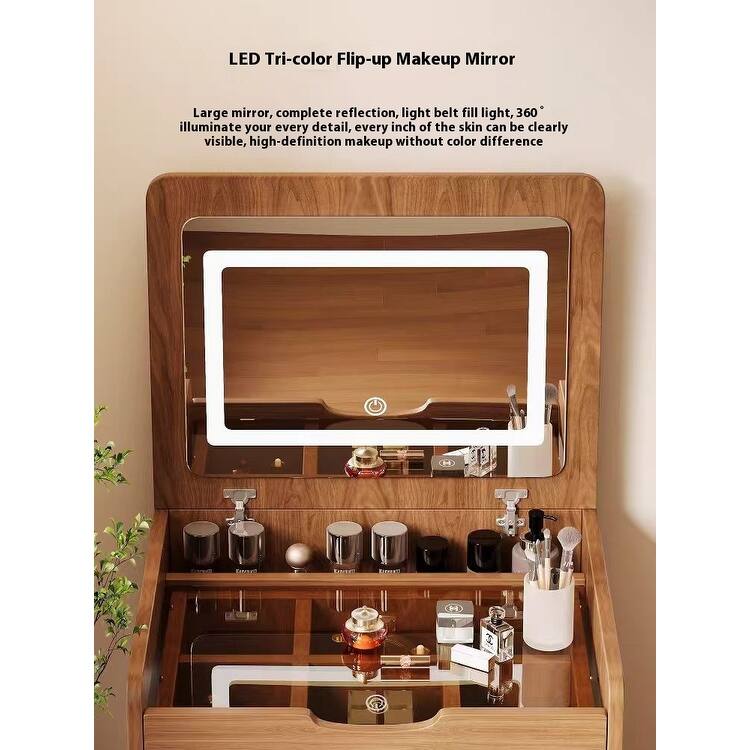 3-in-1 Vanity Desk with Flip-Top Lighted Mirror, Glass Desktop Makeup Table with 3 Drawers for Bedroom