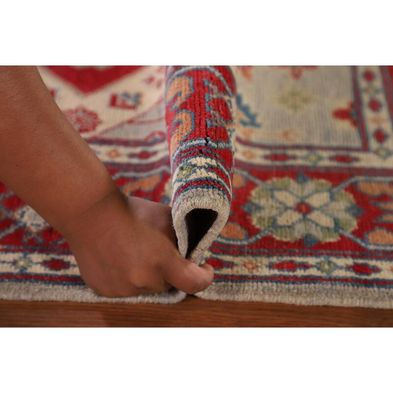 Grey Geometric Kazak Oriental Accent Rug Handmade Wool Carpet - 3'3"x 4'10"