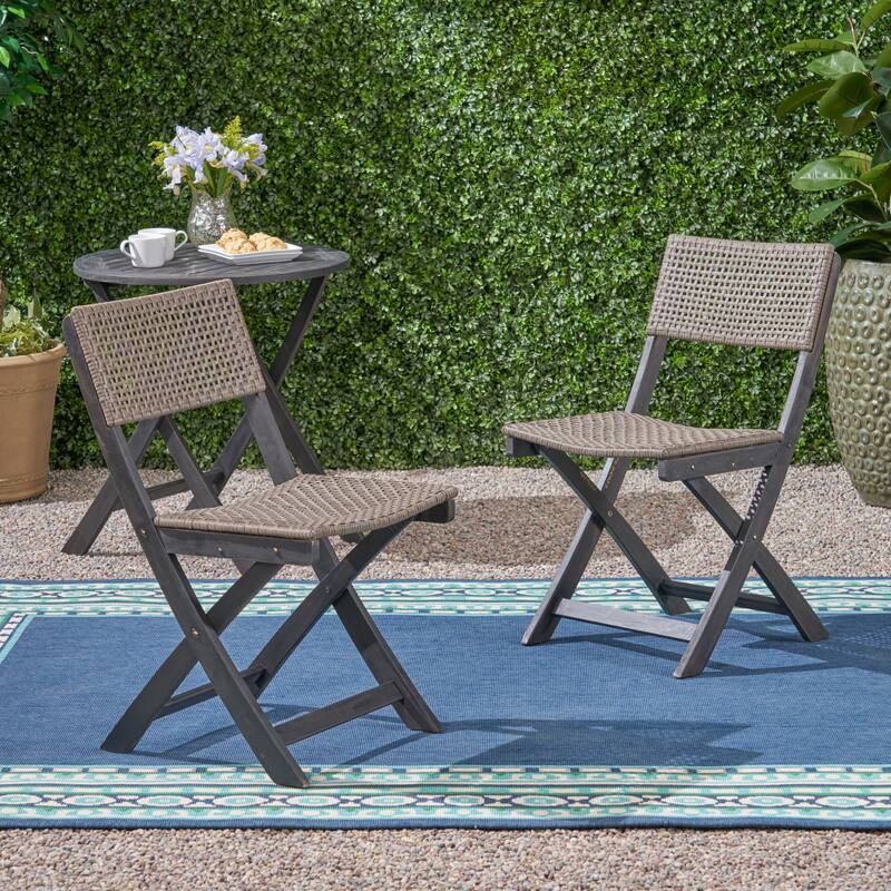 Roomfitters Set of 2 Foldable Wicker Bistro Chairs, Acacia Wood Frame with Traditional Caning, Grey + Brown - Grey+Brown