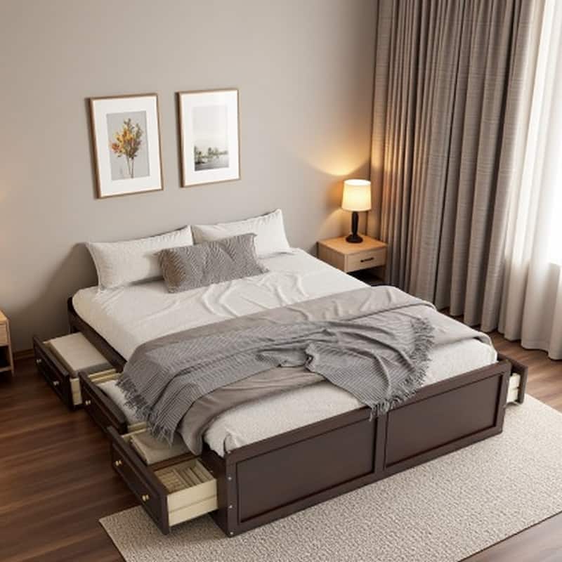 Queen Size Platform Bed Frame with 6 Under-Bed Storage Drawers, Sturdy Wood Construction, No Box Spring Needed - Espresso