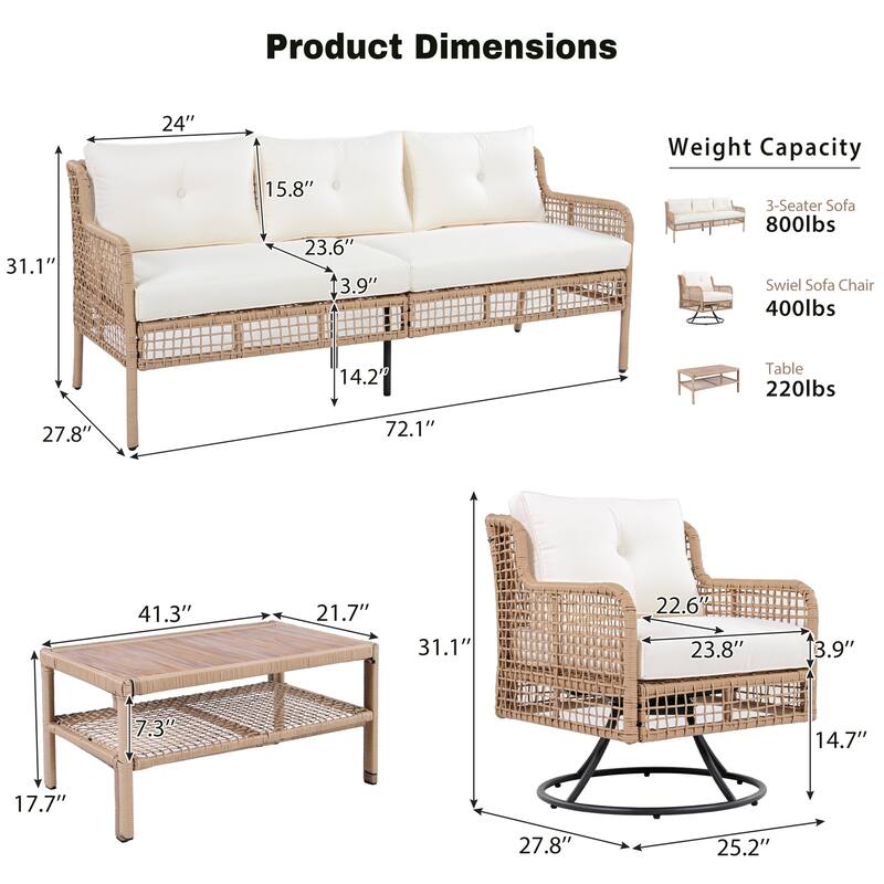 4-Piece Rattan Sectional Conversation Set with 360° Swivel Chairs, 3-Seat Sofa & Wood-Top Coffee Table