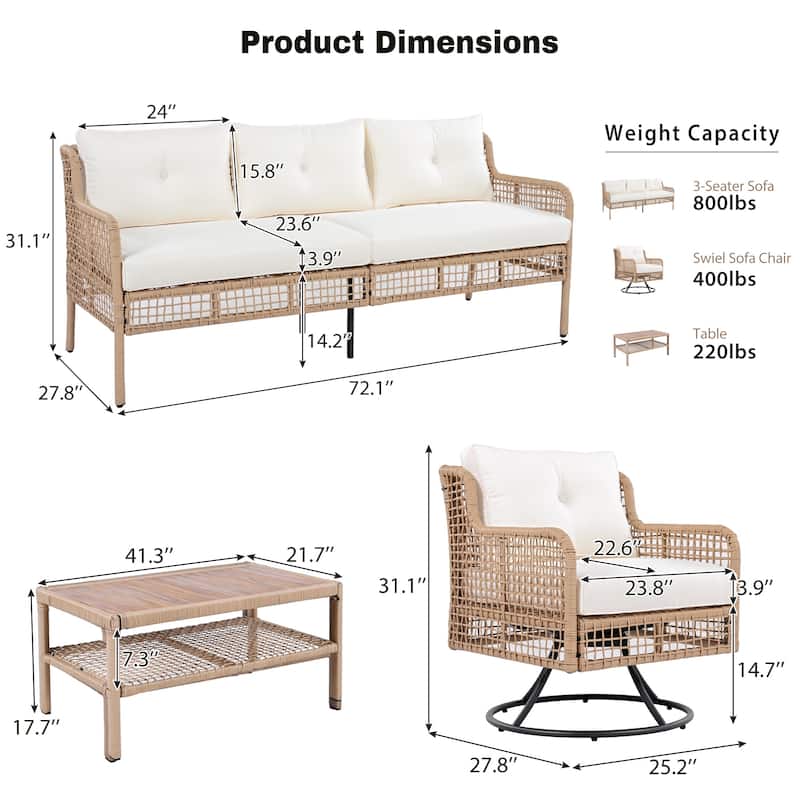 4 Pieces Patio Sofa Furniture Set 3-seater Sofa, 2 Swivel Chairs and Solid Wood Tabletop Coffee Table, Outdoor Conversation Set