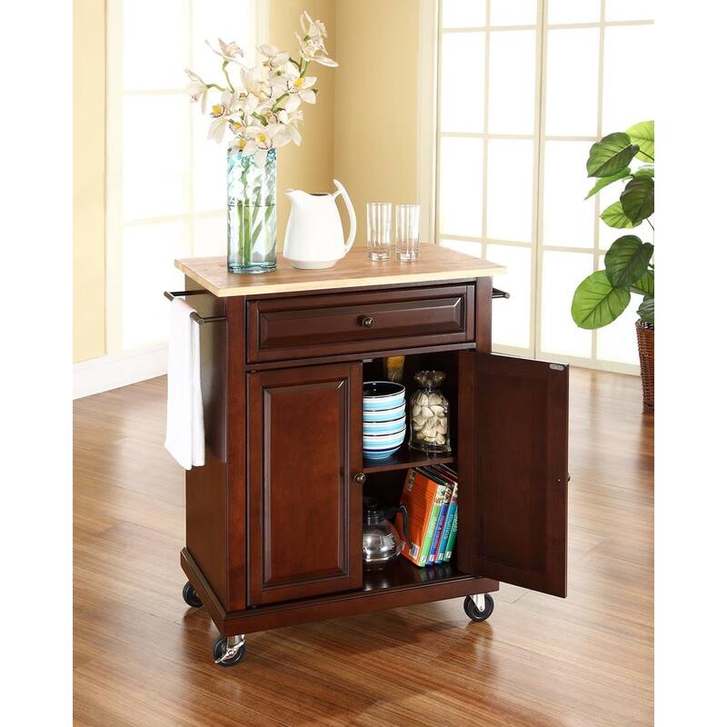 Compact Rolling Kitchen Cart with Cabinet, Adjustable Shelf, Drawer, Towel Bars, and Smooth Countertop Design