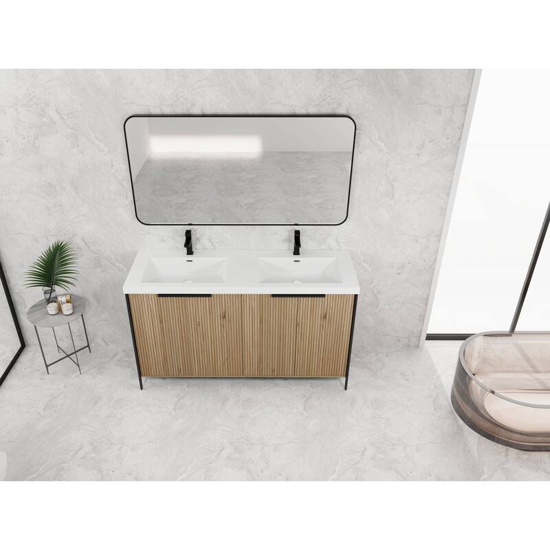 59-inch Double Sink Bathroom Vanity with Adjustable Shelves, Soft-Close Hinges, Resin Basin