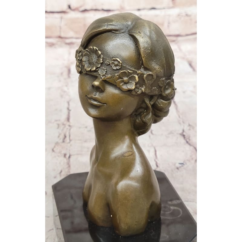 Woman Blindfolded With Flowers - Original Bronze Metal Modern Art Bust Sculpture