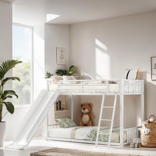 Kid's Friendly Style Twin over Twin Bunk Bed with Slide, Ladder and Guardrail