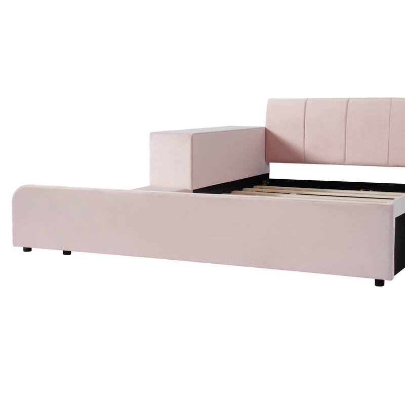 Queen Size Upholstered Grounded Bed, Mother & Child Bed with Bedside Desk and Little Round Stool, Velvet