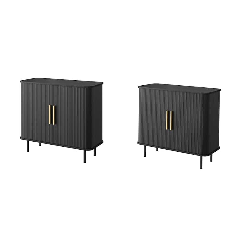 Tambour Door Accent Cabinet Modern Sideboard Buffet Cabinet, Black - Set of 2
