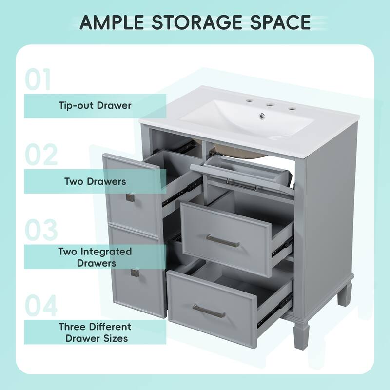 30" Bathroom Vanity with Ceramic Sink, Flip-Out Drawer, Soft Close Doors & Drawers Cabinet with Solid Wood Legs