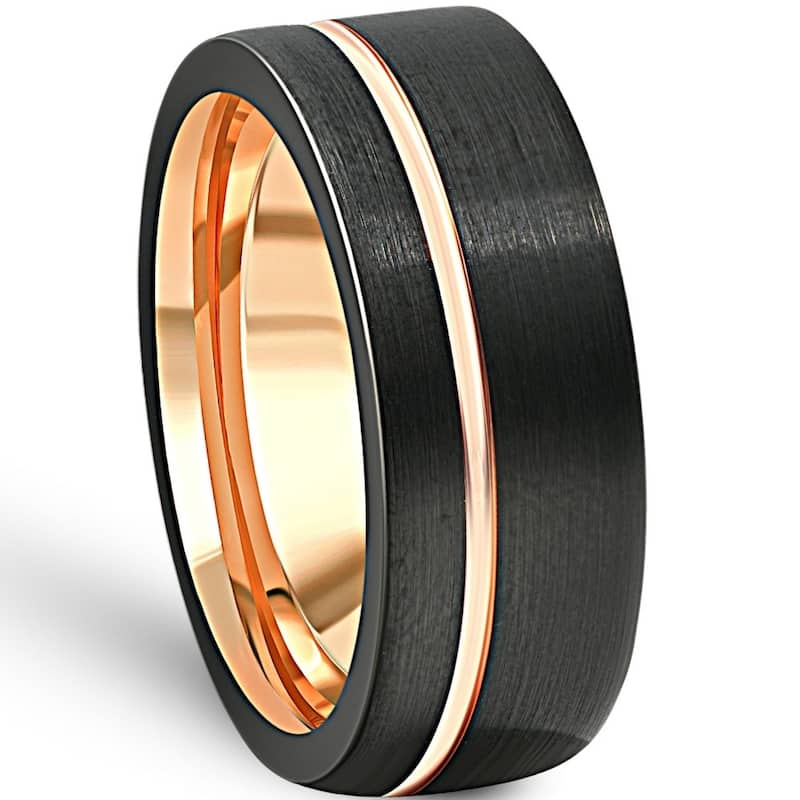 Bliss Diamond Men's Brushed Black Tungsten Rose Gold Plated Two Tone 8mm Ring Wedding Band