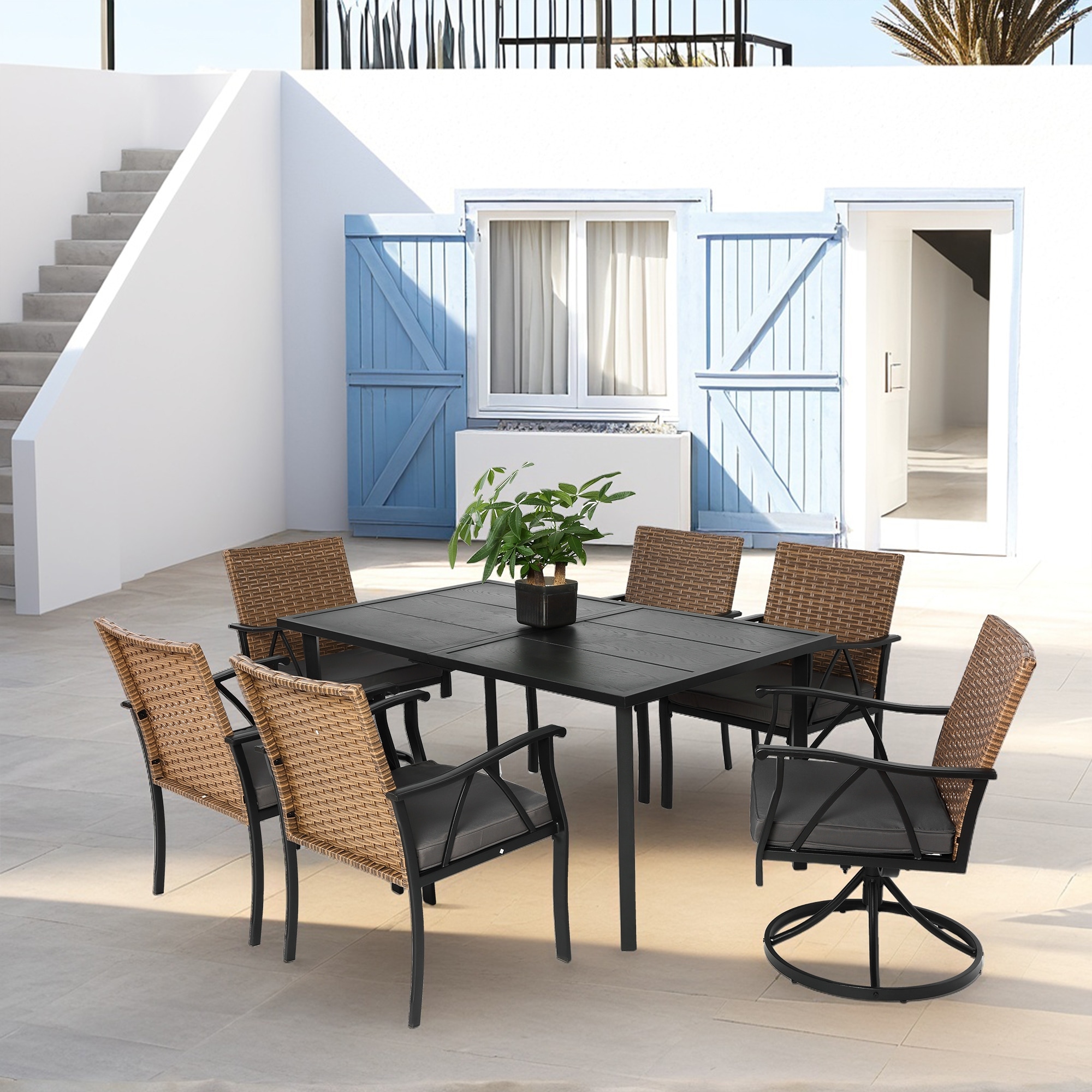7PC Wicker Patio Set, 1 Swivel Rocker Chair & Removable Weather-Resistant Cushions