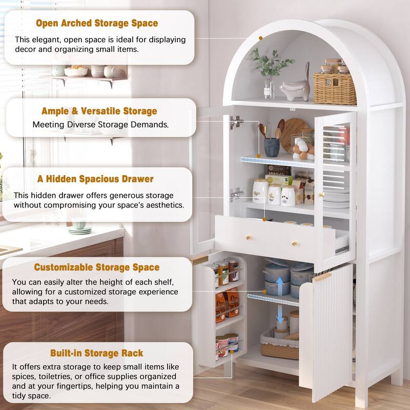 71" Fluted Tall Arched Bathroom storage Cabinet with Adjustable Shelves,Display Storage with Hidden Drawer & Glass Door