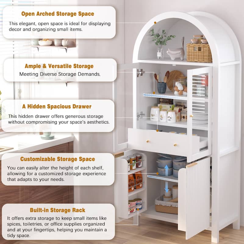 71" Fluted Tall Arched Pantry Cabinet with Adjustable Shelves, Elegant Display Storage with Hidden Drawer & Glass Door
