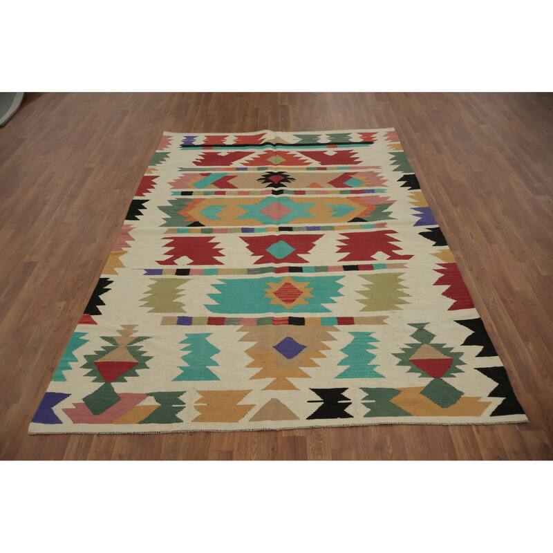 Hand Woven Oriental 100% Wool Carpet Southwestern Tribal Beige & Ivories Kilim Area Rug - 8' 0'' X 5' 9''