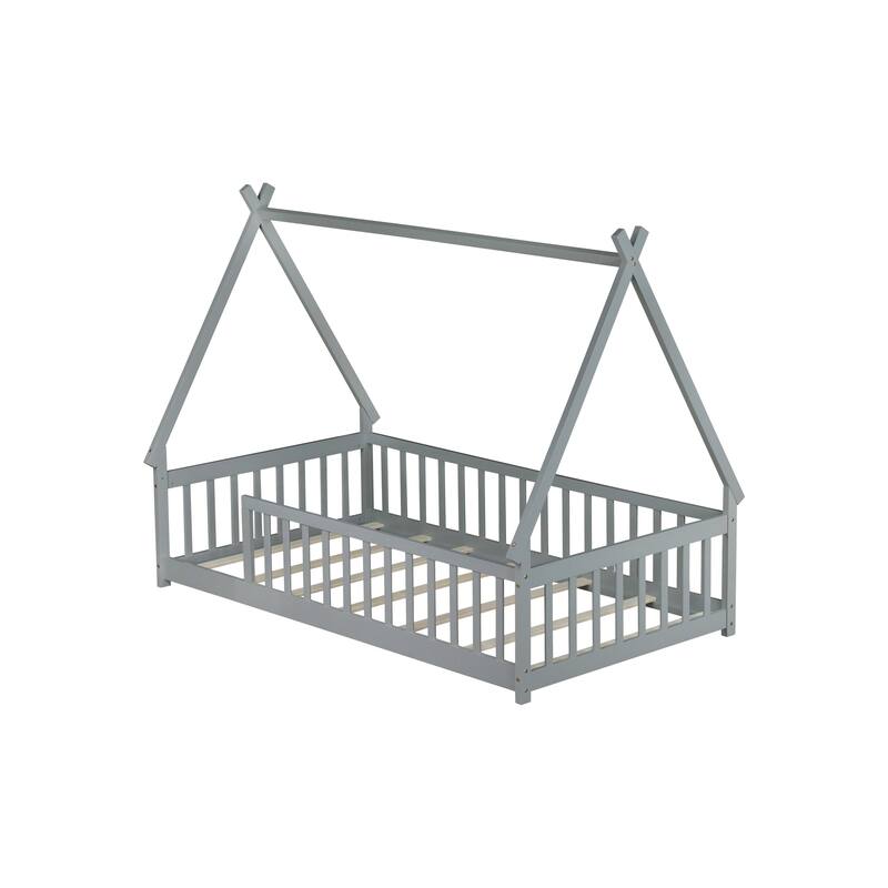 Twin Size Tent Shaped Floor Bed with Guardrails Rubber Wood Low Profile Design