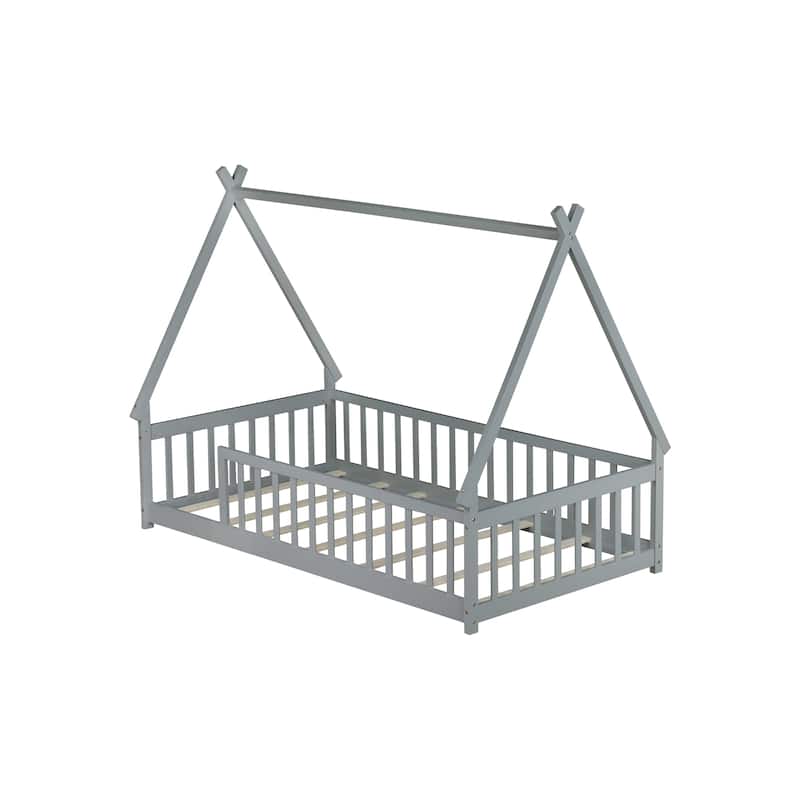 Twin Tent-Shaped Floor Bed with Guardrails, Grey