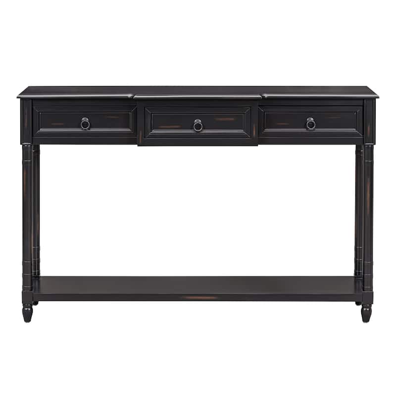 Pine Veneer Long Entryway Table, Console Table Sofa Table with 3 Storage Drawers & Open Storage Shelf, Tapered Table Legs