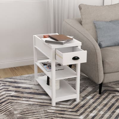 Narrow Side Table Sofa Table with Black Handle & Base Shelf Storage Cabinet Coffee Table Snack Table for Office, Bedroom