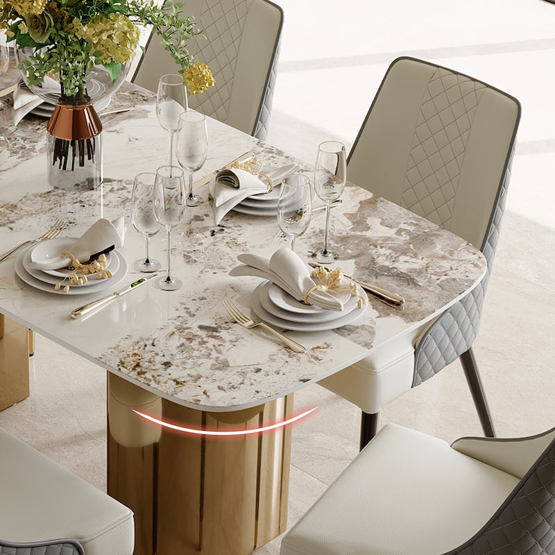 White Rectangular Sintered Stone Dining Table with Double Pedestals