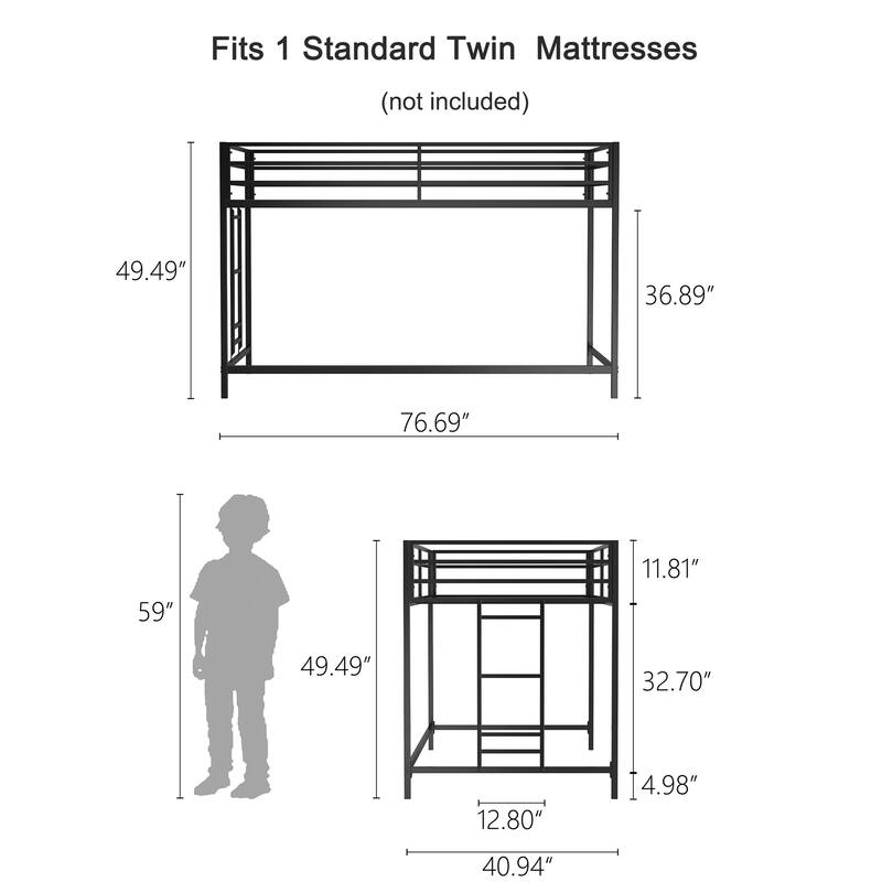 Adam Sturdy Junior Twin Loft Bed - Black, Kids, Space-Saving, Easy Climb Ladder, Guardrails