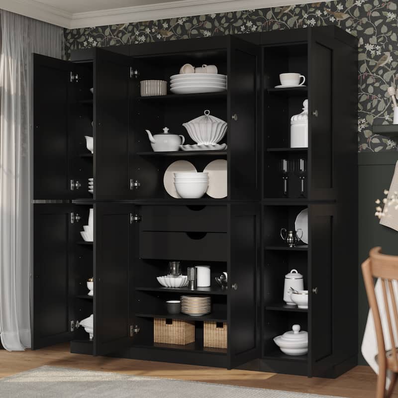 Palace Imports 100% Solid Wood 65" Pantry Cabinet with Shaker Doors, 2-Drawers and Adjustable Shelves - Black