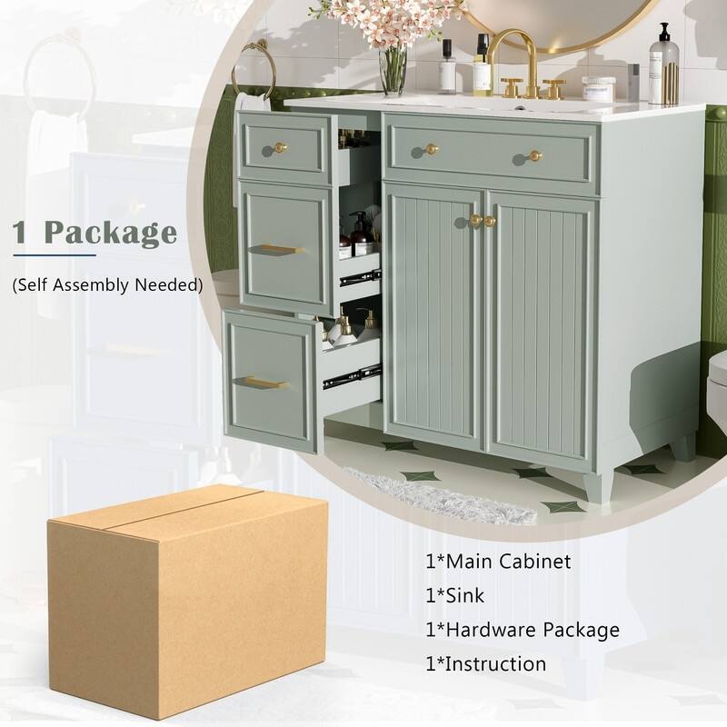 Transitional Style 36-inch Bathroom Vanity with Ceramic Sink, 2 Soft-Close Doors Freestanding Cabinet with 2 Drawers