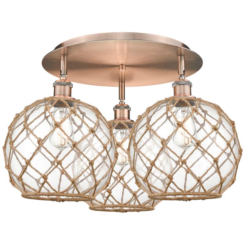 Innovations Lighting Endless Possibilities Ballston - Farmhouse Rope - 3 Light 22" Flush Mount - Clear Glass with Brown Rope/Antique Copper