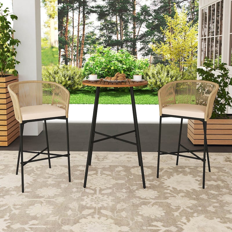 Costway 3 PCS Rope Woven Patio Bar Set with Soft Cushions and Acacia - See Details