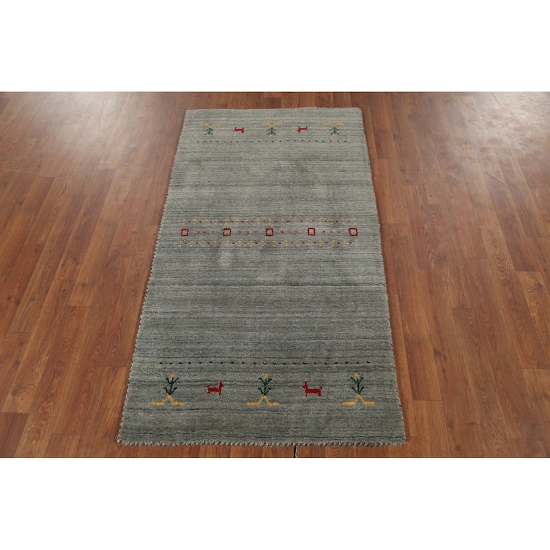Grays & Green Striped Gabbeh Indian Rug Hand-Knotted Wool Carpet - 2'7"x 4'9"