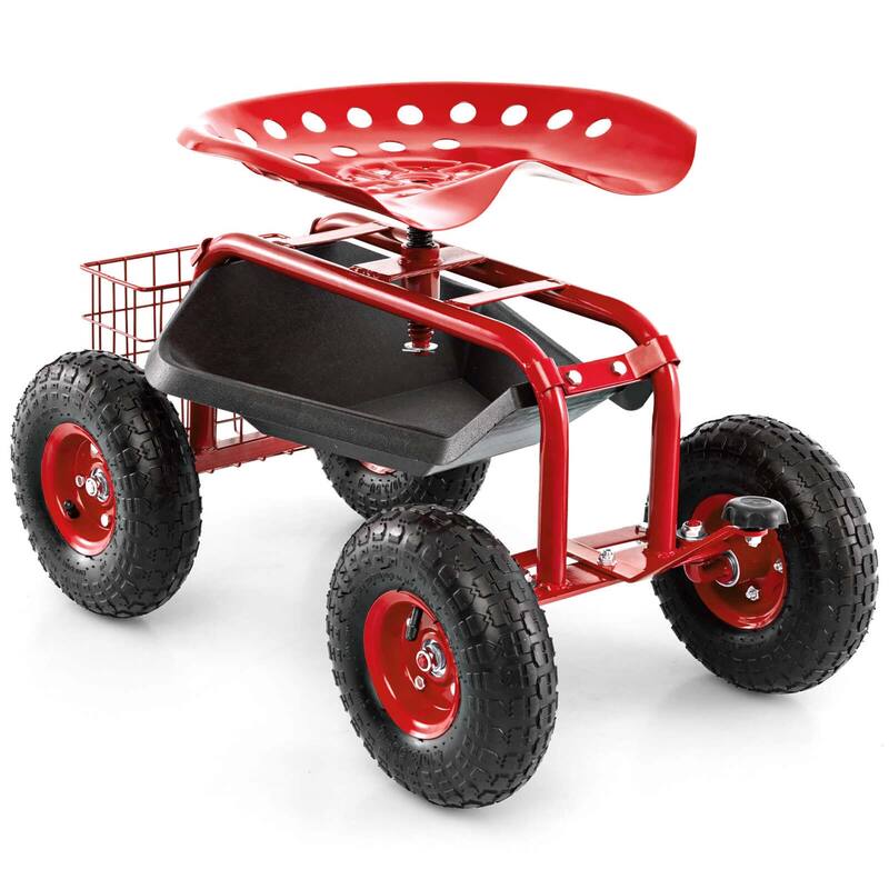 Costway Garden Cart Patio Wagon Rolling Work Seat with Tool Tray - See Details - Red