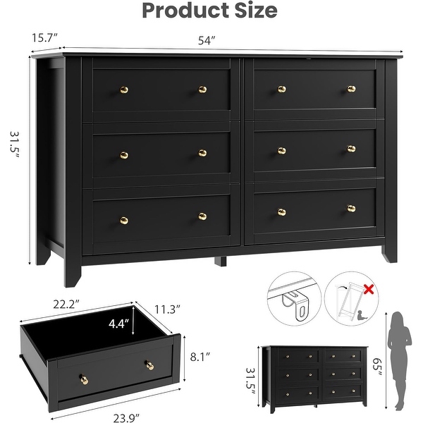 Black 6 Drawer Dresser for Bedroom, 54