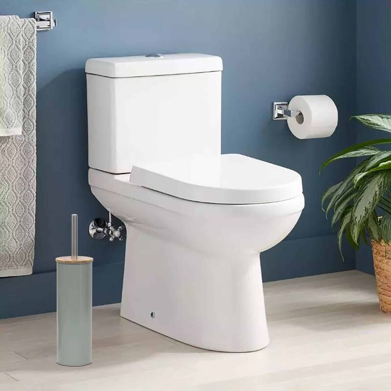 Metal Toilet Brush and Holder Set With Bamboo Lid