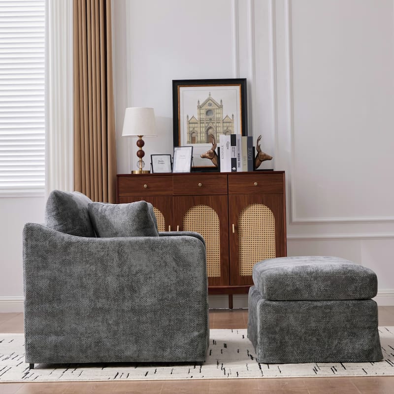 Set of Modern Chenille Accent Chair and Storage Ottoman