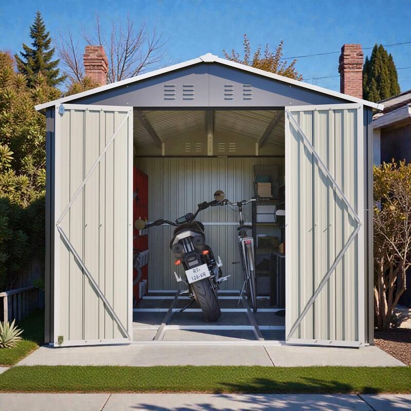 8' x 12' Lockable Outdoor Metal Storage Shed, Aluminum Frame, Durable Garden Tool Shed for Backyard, Patio or Lawn