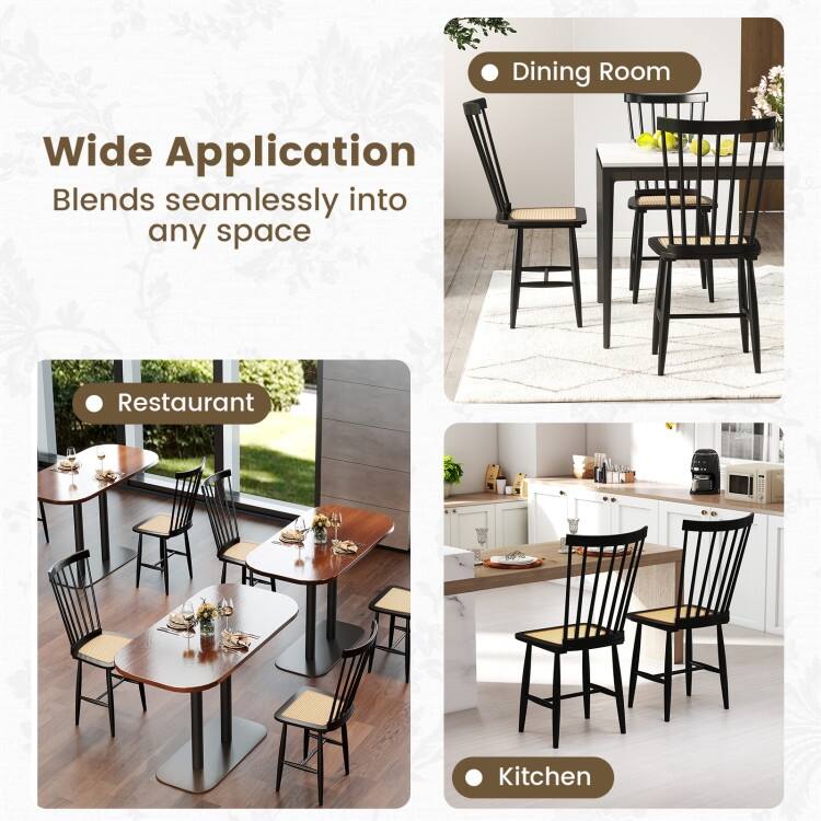 Stylish Windsor Style Dining Chair Set with PE Rattan Seat Ergonomic Spindle Back and Rubber Wood Frame - 21.5" x 16" x 38"
