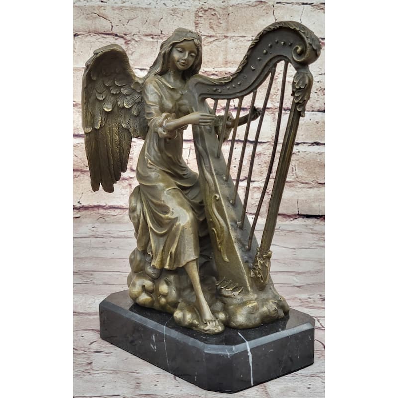 Winged Female Angel Playing Heavenly Harp - Bronze Memorial Sculpture Statue