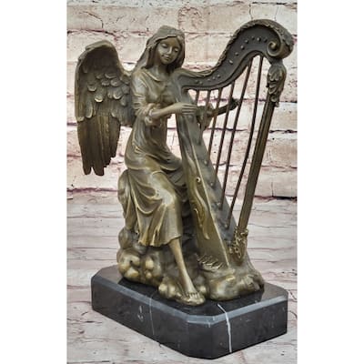 Winged Female Angel Playing Heavenly Harp - Bronze Memorial Sculpture Statue