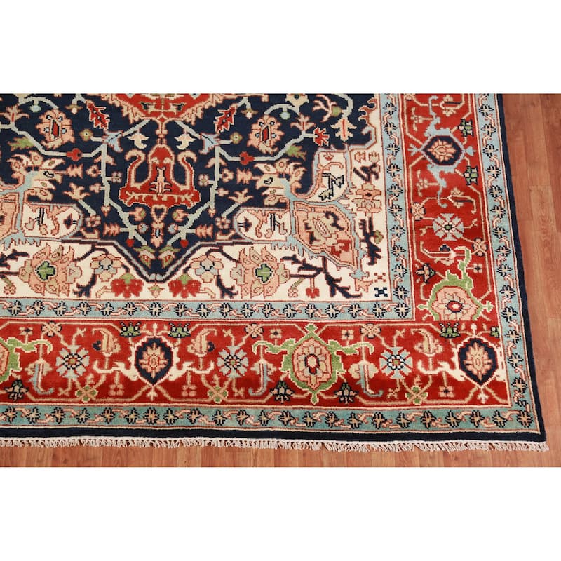 Hand Knotted Oriental 100% Wool Carpet Traditional All-Over Navy Blue & Blues Heriz (serapi) Area Rug - 12' 0'' X 9' 1''