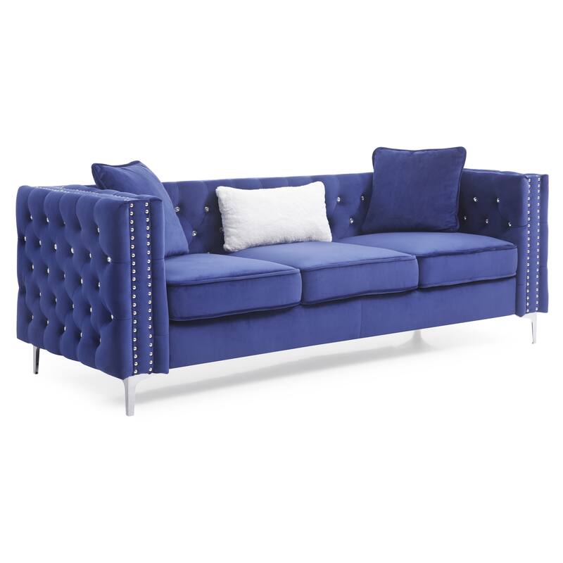 Blue Velvet Sofa with Tufted Design and Chromed Steel Legs