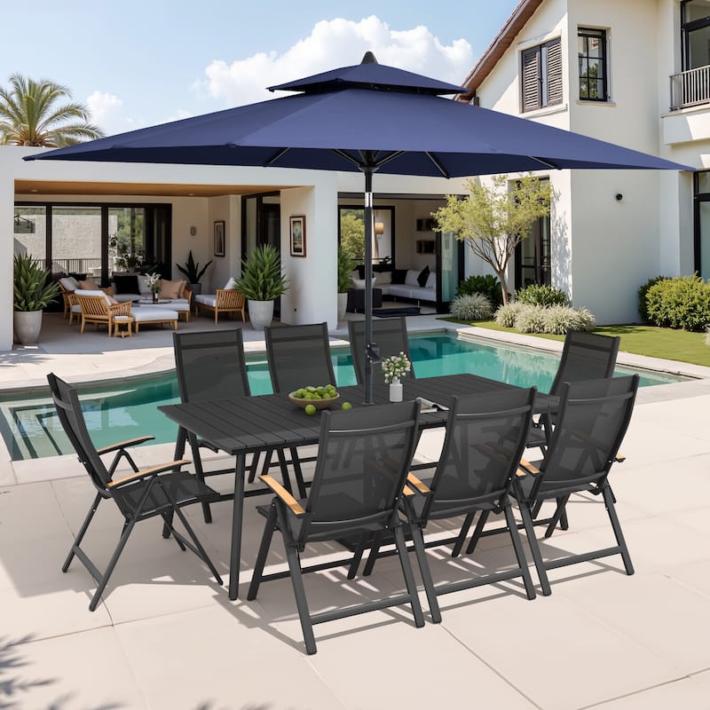 9/11-Piece Outdoor Aluminum Patio Dining Set w/10 ft Umbrella and Base, Rectangle Table and Folding Chairs - Set of 11 - Black Table with Navy Blue Umbrella