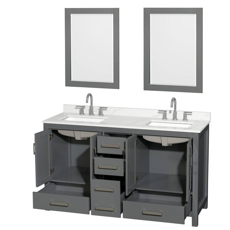 Sheffield 60-inch Double Vanity, 3 Hole Quartz Top, 24-inch Mirrors