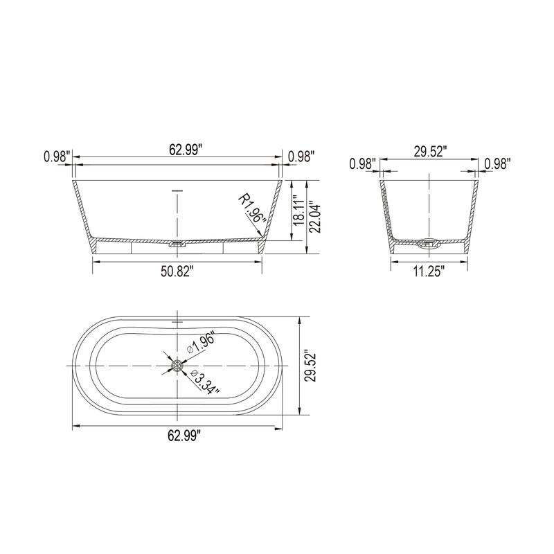 63 Inch Solid Surface Stone Resin Freestanding Soaking Bathtub in Matte White