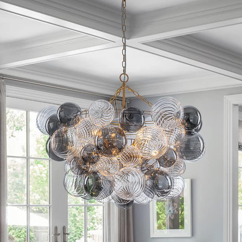 Statement 8-Light Swirled Smoked Glass Globe Round Bubble Chandelier - Brass Finish