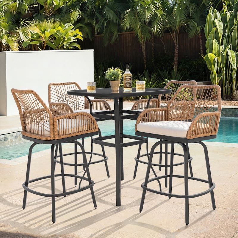 Swivel Patio Bar Set with Cushions, Handwoven Twisted Rattan Design