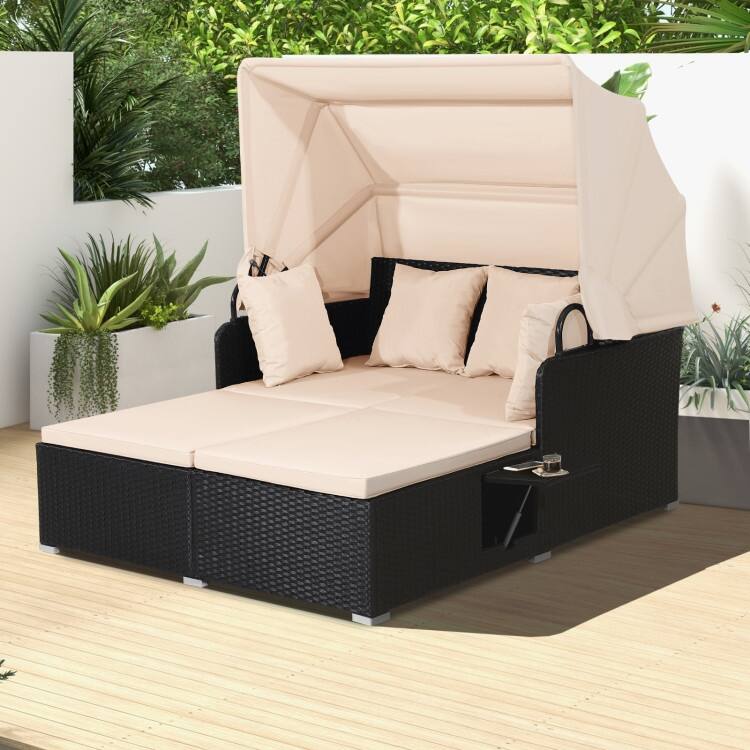 Outdoor Patio Daybed with Canopy and Foldable Side Trays - 65" x 60.5 x 58.5"