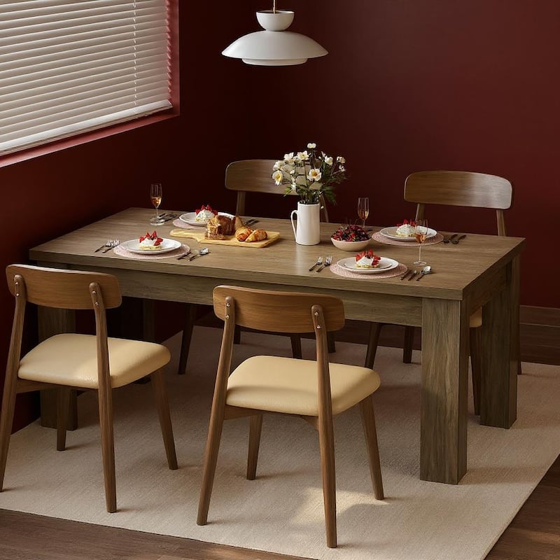 63" Wood Farmhouse Dining Table, for 4-6 - Grey - Thickened Tabletop