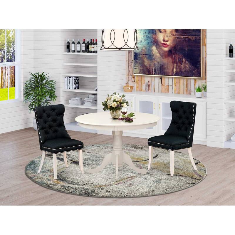 3-Piece Linen White Finish Solid Wood Top-Round Upholstered Dining Room Set-Seats 4